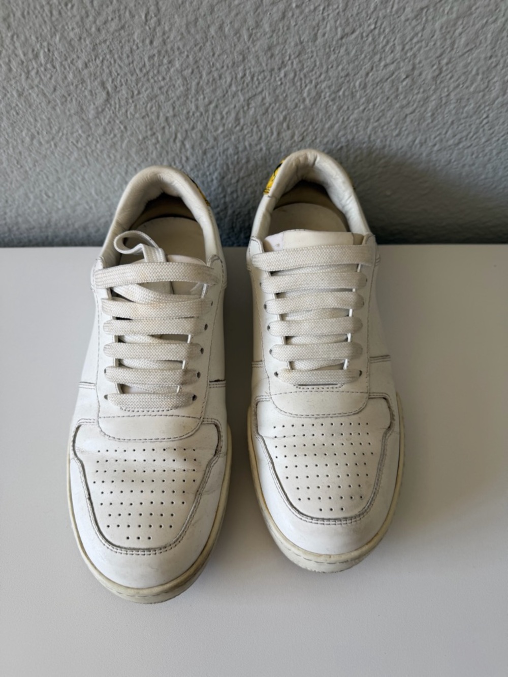Versace White Leather Low-Top Sneakers with Subtle Yellow Accent